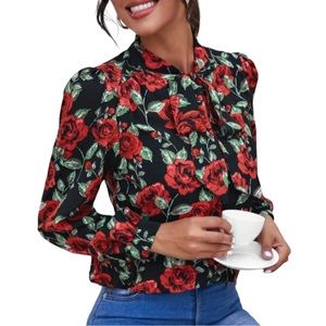 Rose Blouse M Ruffle Sleeve Red Black Bow Tie Neck Victorian Cottagecore